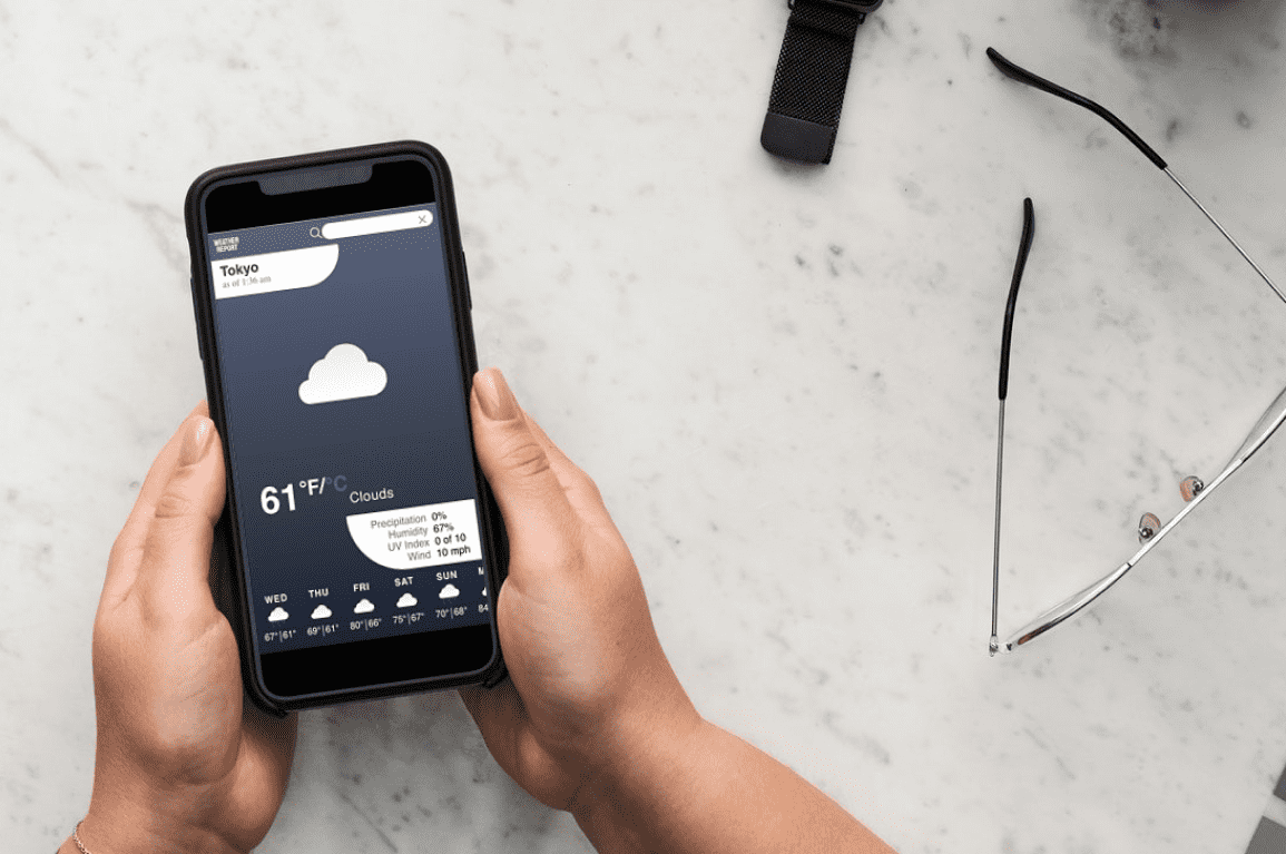 A phone displaying the weather